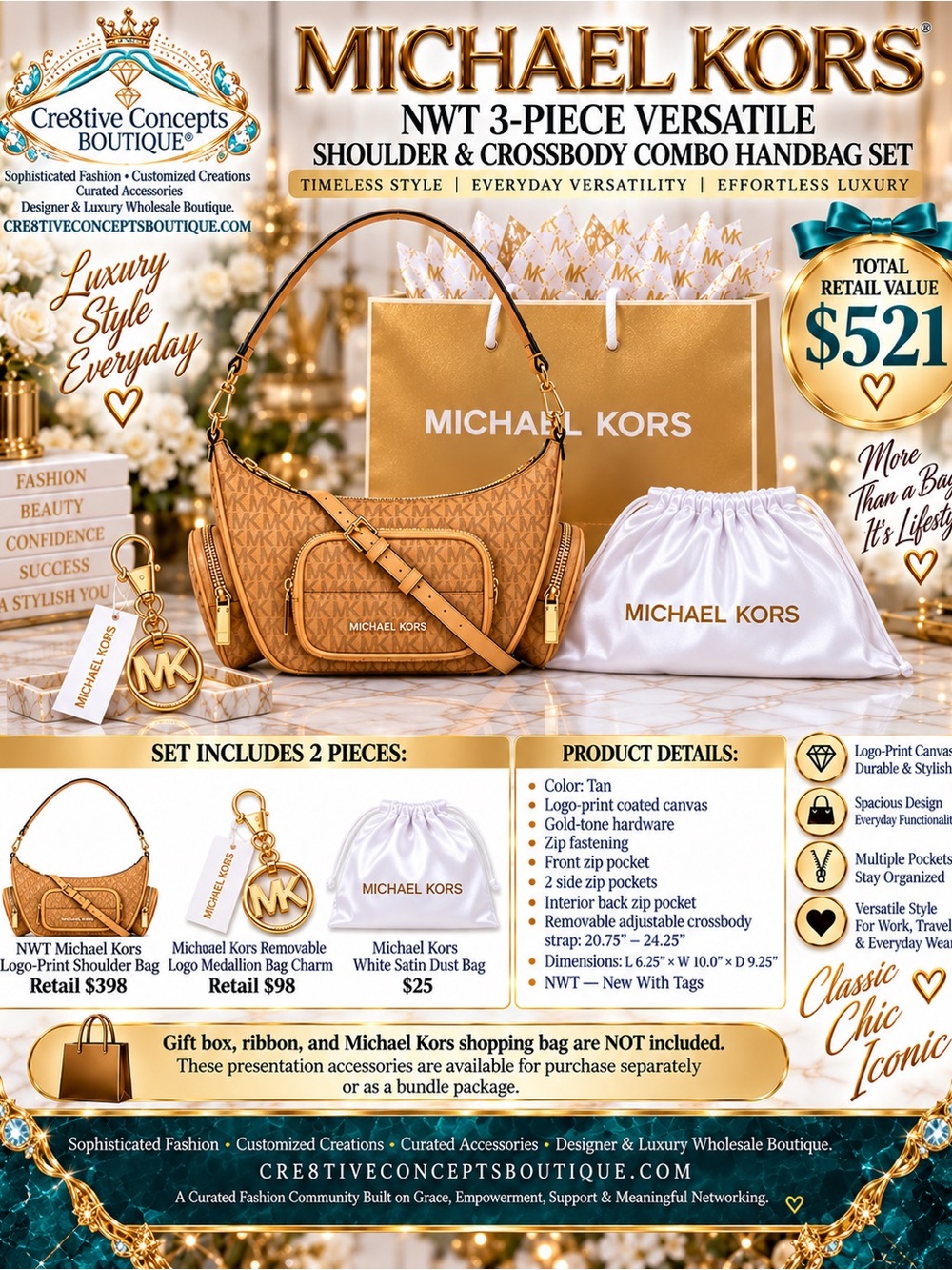 MICHAEL KORS NWT 3-PIECE VERSATILE SHOULDER & CROSSBODY COMBO HANDBAG SET